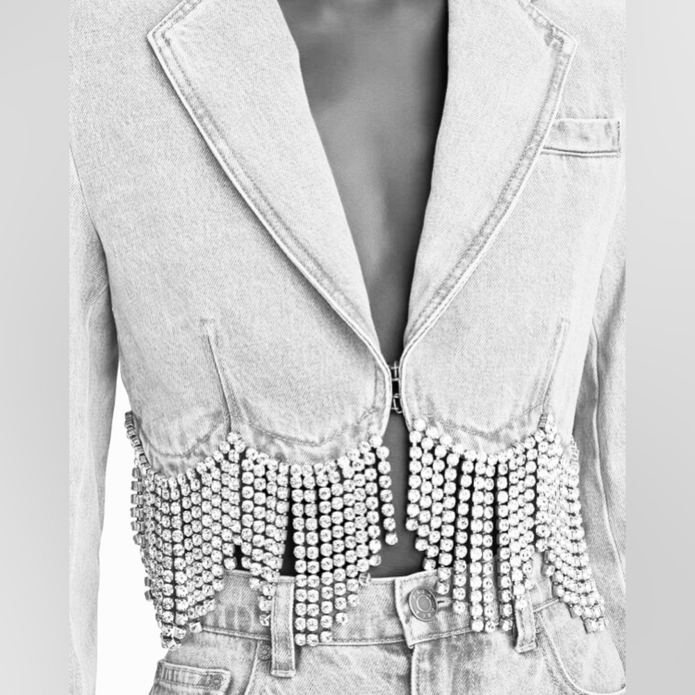 ⚡️⚡️AREA Scalloped Embellished Cropped Denim Jacket in Pale Blue, Size 4,NWT - Picture 11 of 17